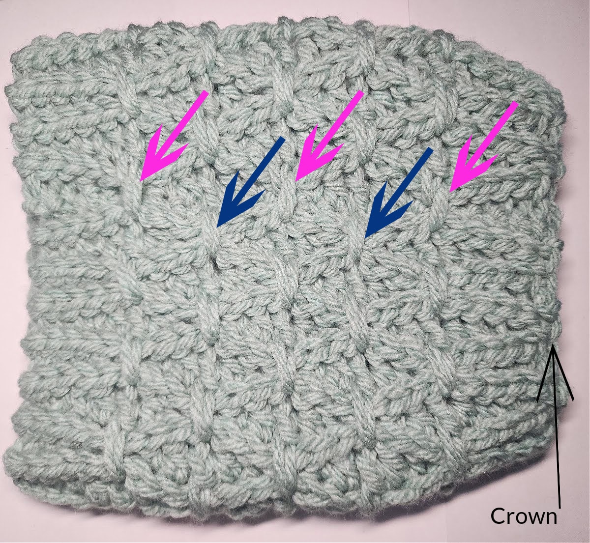 Two pink arrows and two blue arrows pointing to the finishing stitches worked around the hat seam.