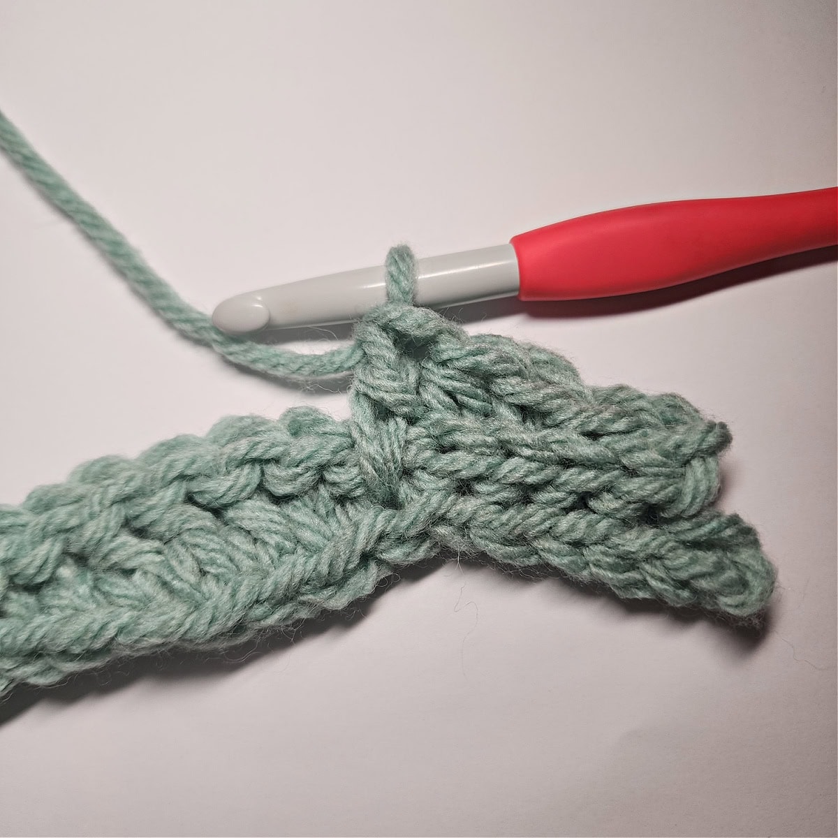 This photo shows the double crochet worked into the foundation chain.