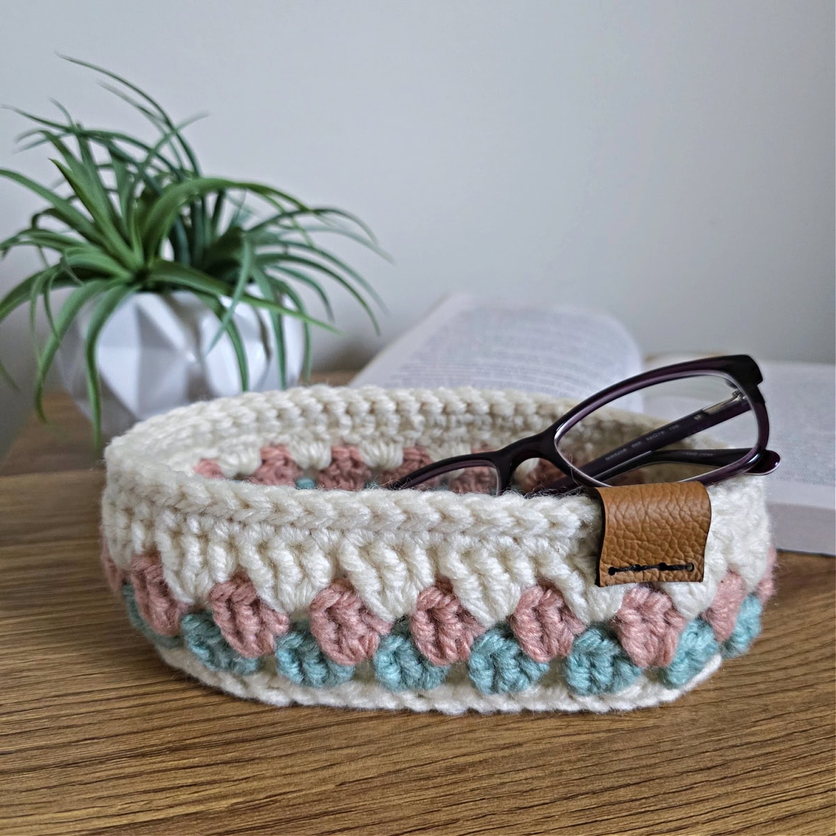 Tri-colored crochet glasses holder in shape of an oval.