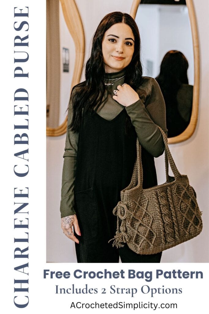 A women carrying an olive green crochet purse with cables and yarn straps.