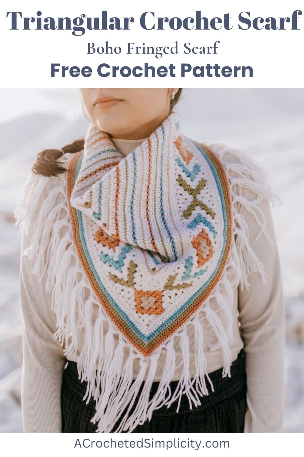 A Close-up of a crochet triangular scarf pattern to show the colorwork details.